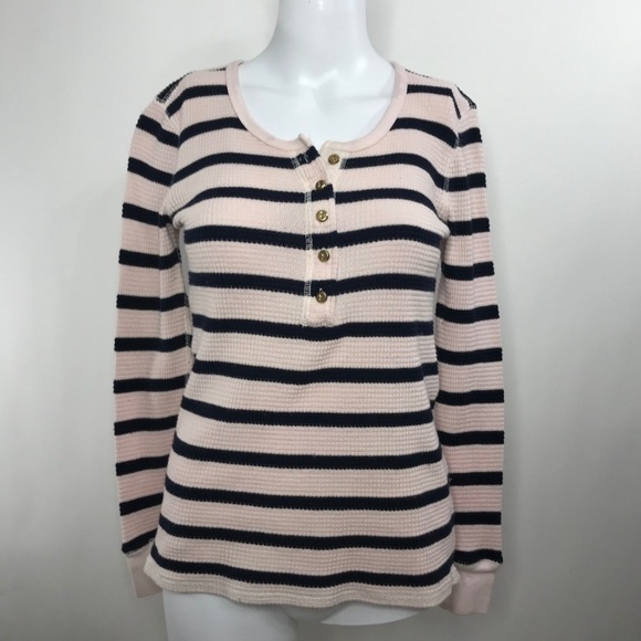 J. Crew Tops - J crew Navy Pink Striped Thermal Henley Tee Sm